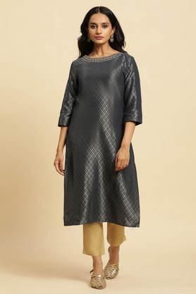 solid blended fabric round neck women's casual wear kurta - navy