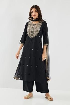solid blended fabric round neck women's palazzo kurta dupatta set - black