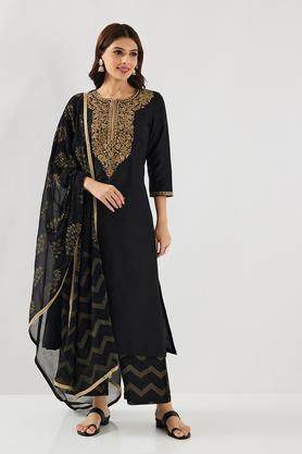 solid blended fabric round neck women's palazzo kurta dupatta set - black