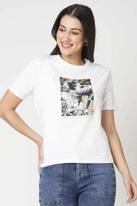 solid blended fabric round neck women's t-shirt - off white