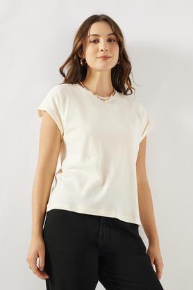solid blended fabric round neck women's t-shirt - off white