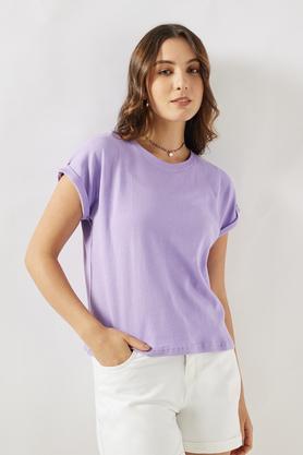 solid blended fabric round neck women's t-shirt - purple