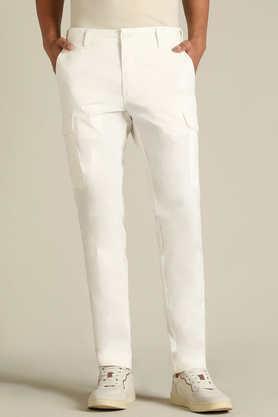 solid blended fabric slim fit men's casual wear cargo pants - white