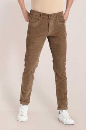solid blended fabric straight fit men's casual trousers - brown