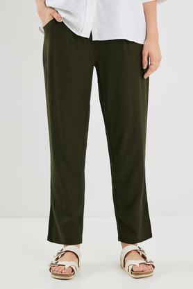 solid blended fabric straight fit women's pants - olive