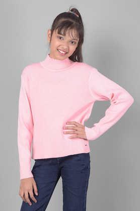 solid blended fabric turtle neck girls sweater - pink