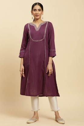 solid blended fabric v-neck women's festive wear kurta - purple