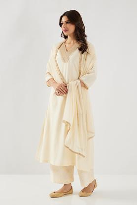 solid blended fabric v-neck women's palazzo kurta dupatta set - off white