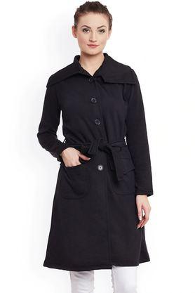 solid blended high neck women's coat - black