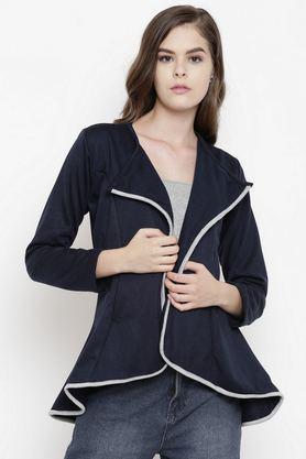 solid blended high neck women's coat - blue