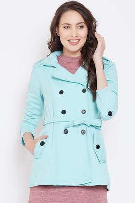 solid blended high neck women's coat - blue