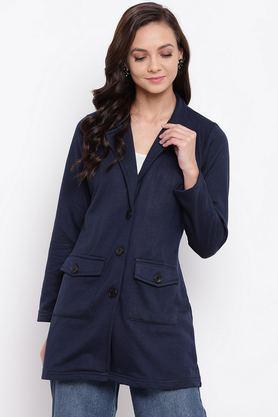 solid blended high neck women's coat - blue