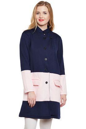 solid blended high neck women's coat - blue