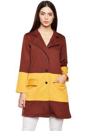 solid blended high neck women's coat - brown