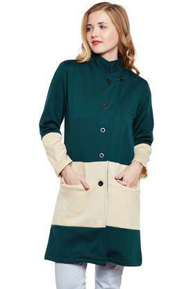 solid blended high neck women's coat - green