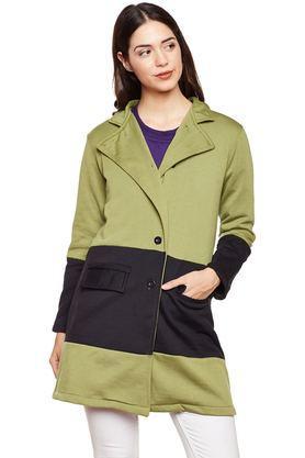 solid blended high neck women's coat - green