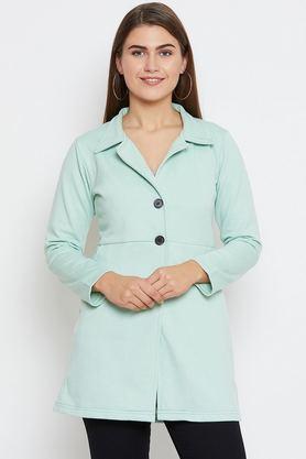 solid blended high neck women's coat - green