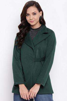 solid blended high neck women's coat - green