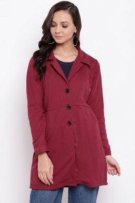 solid blended high neck women's coat - maroon