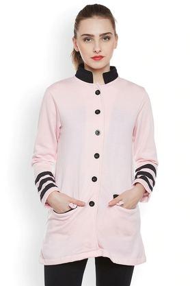 solid blended high neck women's coat - pink