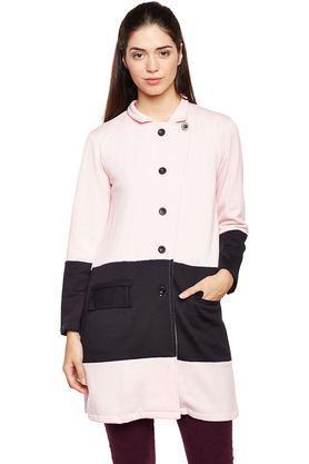 solid blended high neck women's coat - pink