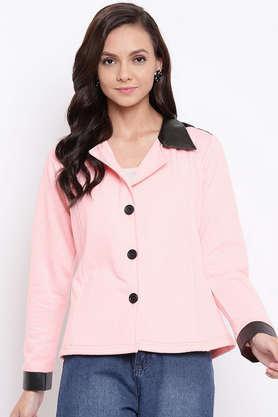 solid blended high neck women's coat - pink