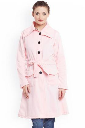 solid blended high neck women's coat - pink