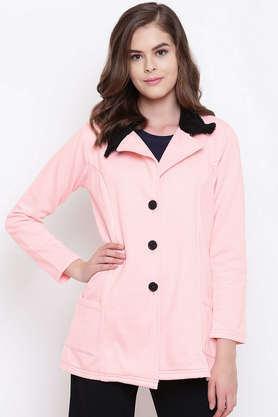 solid blended high neck women's coat - pink