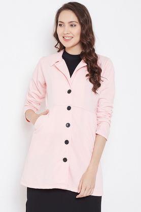 solid blended high neck women's coat - pink