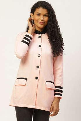 solid blended high neck women's coat - pink