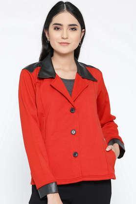 solid blended high neck women's coat - red