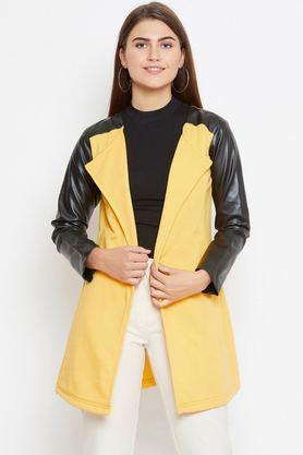 solid blended high neck women's coat - yellow