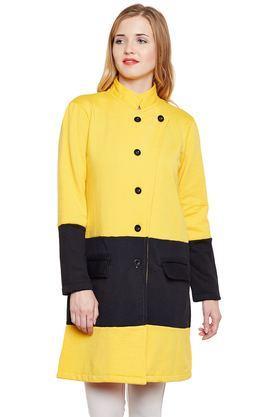 solid blended high neck women's coat - yellow
