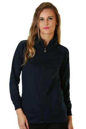 solid blended high neck women's jacket - blue