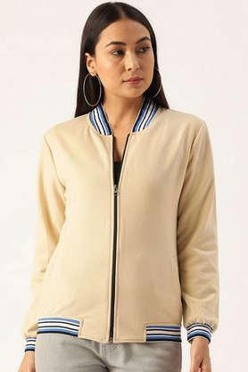 solid blended high neck women's jacket - nude