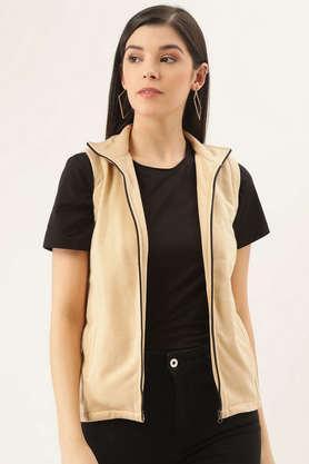 solid blended high neck women's jacket - nude