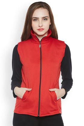 solid blended high neck women's jacket - red