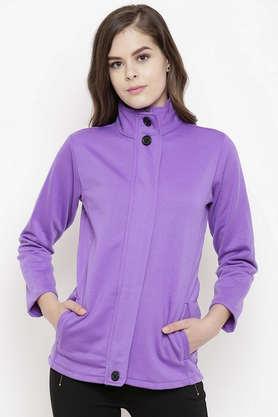 solid blended high neck women's jacket - violet