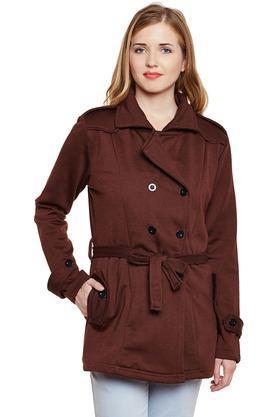 solid blended hooded women's coat - brown