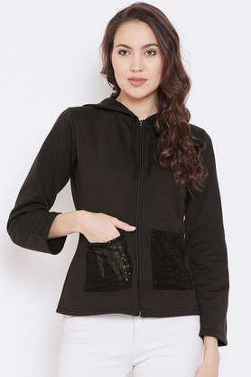 solid blended hooded women's jacket - black