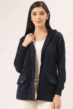 solid blended hooded women's jacket - blue