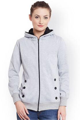 solid blended hooded women's jacket - grey