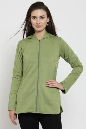 solid blended hooded women's jacket - olive