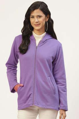 solid blended hooded women's jacket - violet
