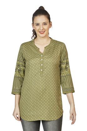 solid blended mandarin womens mid thigh length kurti - olive