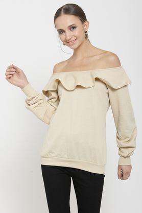 solid blended off shoulder women's sweatshirt - natural