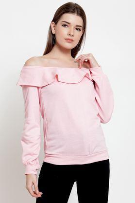 solid blended off shoulder women's sweatshirt - pink