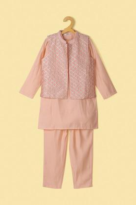 solid blended regular fit boys kurta pyjama jacket set - peach