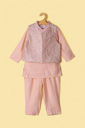 solid blended regular fit boys kurta pyjama jacket set - peach