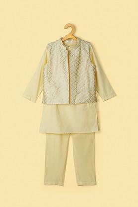 solid blended regular fit boys kurta pyjama jacket set - yellow